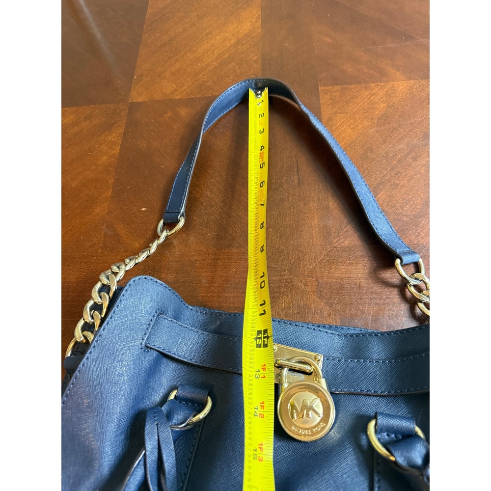 Michael Kors Hamilton Satchel Navy Blue Saffiano Leather Gold Padlock Handbag - Picture 8 of 11